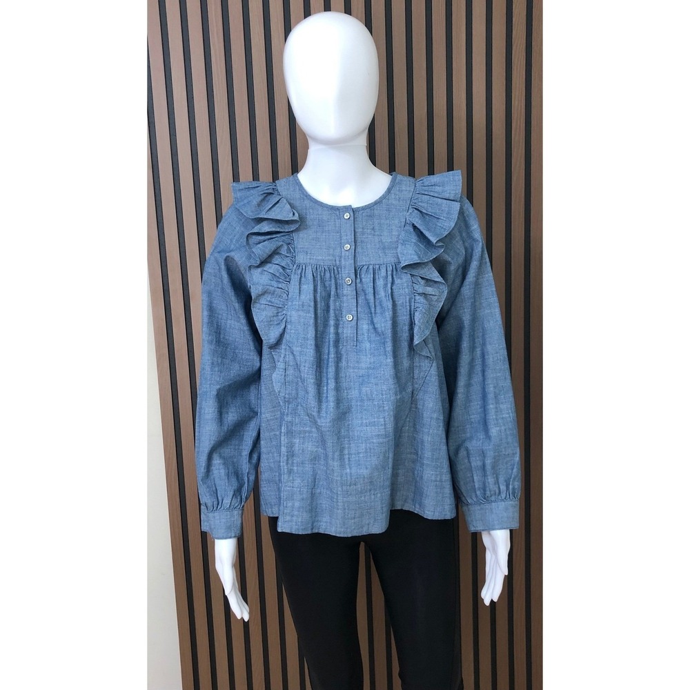 J Crew Women's Top Denim‎ Chambray Ruffle Long Sleeve Shirt 4 Blue Button Yoke